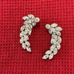 VINTAGE Crystal Leaf Cluster Ear Climbers - Silver Tone